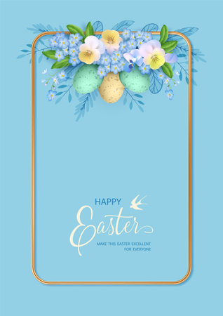 Happy Easter card. Golden frame is decorated with spring flowers, eggs and decorationsのイラスト素材
