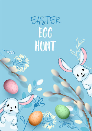 Easter background with egg hunt lettering. Cute hand drawn bunnies hiding behind realistic willow branches, painted flowers and Easter eggsのイラスト素材