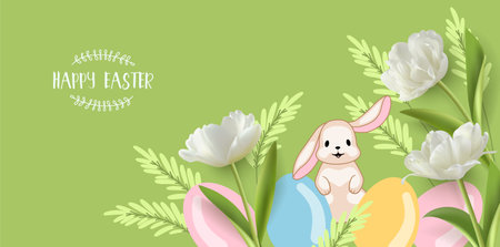 Happy Easter cute greeting card, poster, holiday cover or web banner. Funny rabbit on a plain green background between beautiful white tulips and Easter eggsのイラスト素材