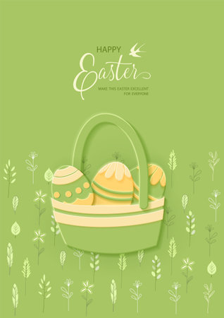 Happy Easter card. Paper cut Easter basket with eggs and hand painted spring plants and flowersのイラスト素材