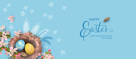Festive Easter banner with nest and painted eggsのイラスト素材