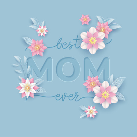 Mother's day illustration in paper style. Greeting card design with beautiful blossom flowersのイラスト素材