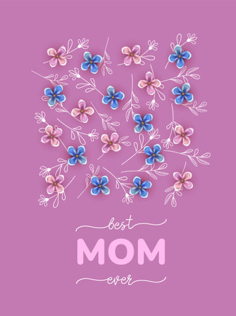 Mother's Day poster with hand drawn white flowers and volumetric flowersのイラスト素材