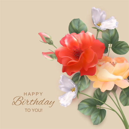 Floral birthday card. Composition of roses, leaves and white flowers on a flat backgroundのイラスト素材