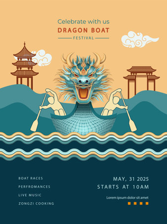 Festive poster celebrating The Double Fifth Festival. Dragon Boat Festival Vector illustration. Dragon boat with rowers, pagoda, clouds and decorative elements in Chinese styleのイラスト素材