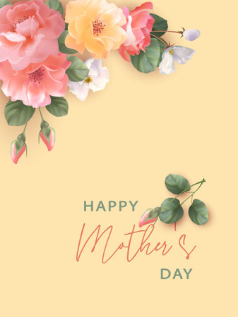 Mother's day poster. Beautiful roses and flowers on a flat background. Calligraphy abstract art backgroundのイラスト素材