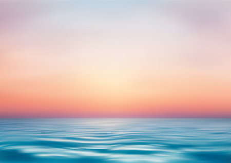 Ocean view and clear sky on the horizon. Calm water and clear sky. Peaceful and minimalist paradise seascapeのイラスト素材