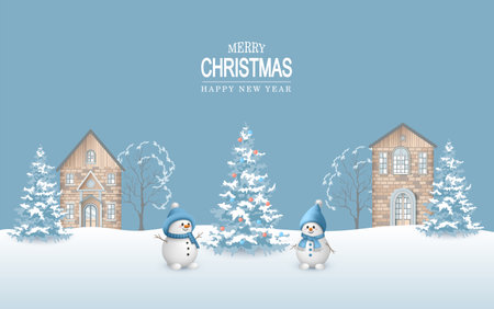 Cartoon festive winter background with houses, cute snowman and a Christmas tree. Merry Christmas and New Year greeting cardのイラスト素材