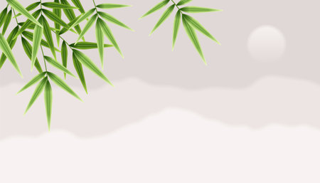 Landscape with bamboo. Green bamboo leaves. Chinese banner concept design.のイラスト素材