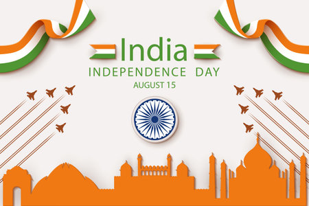 Happy Independence Day of India Background. Holiday greeting banner with Indian jets and monuments...