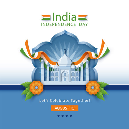 Indian Independence Day banner with waving tricolor ribbons, Taj Mahal mausoleum and paper-cut flowersのイラスト素材