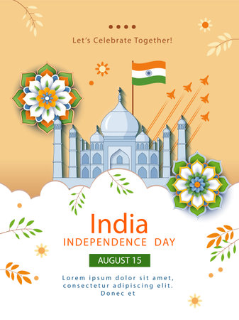 Indian Independence Day banner with Taj Mahal mausoleum and Indian jets in paper cut styleのイラスト素材