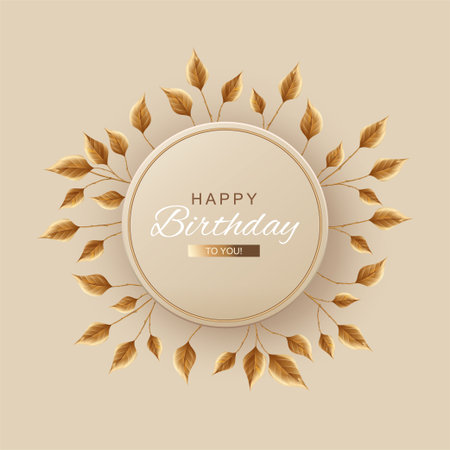 Birthday greeting banner. Holiday composition with gold decorative twigs and leavesのイラスト素材