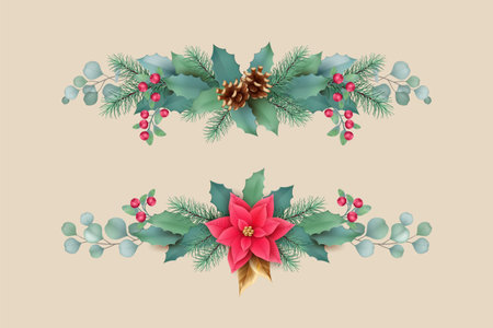 A set of Christmas garlands of Flowers, fir branches, golden leaves and decorative Christmas elements. Christmas and New Year decorationsのイラスト素材