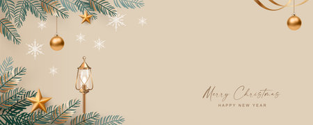 Minimalistic Christmas and New Year background. Elegant New Year banner with fir branches, golden lantern and Christmas decorations. Minimalistic design of a New Year greeting posterのイラスト素材