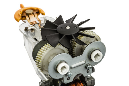 Part of electric motor with fan, close-up, isolated on white backgroundの写真素材