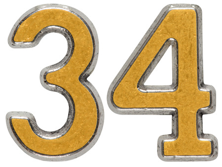 Metal numeral 34, thirty-four, isolated on white backgroundの写真素材