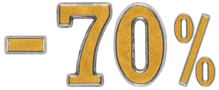 Percent off. Discount. Minus 70, seventy,  percent. Metal numeral, isolated on white background