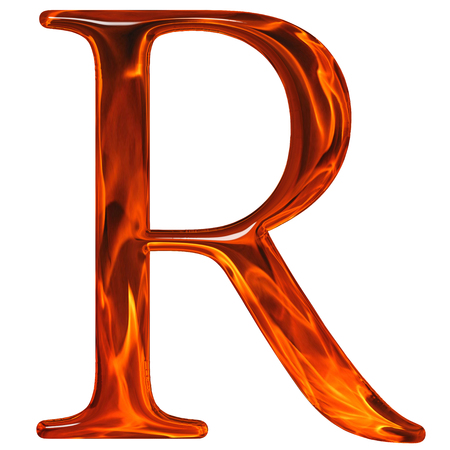 Uppercase letter R - the extruded of glass with pattern flame, isolated on white background Uppercase letter R - the extruded of glass with pattern flame, isolated on white background