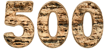Numeral 500, five hundred, isolated on white, natural limestone, 3d illustration