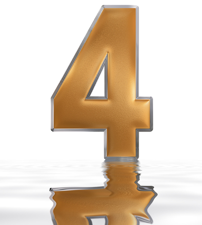 Numeral 4, four, reflected on the water surface, isolated on  white, 3d render
