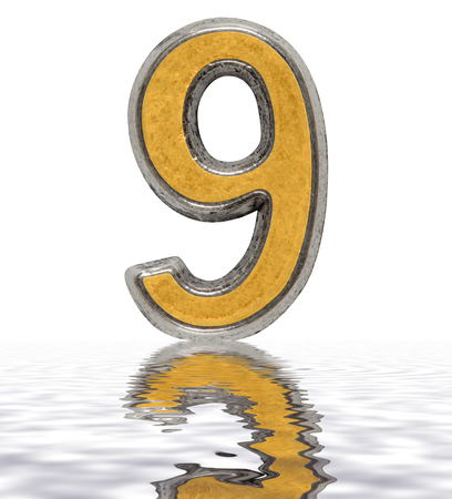Numeral 9, nine, reflected on the water surface, isolated on white, 3d renderの写真素材