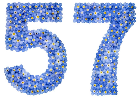 Arabic numeral 57, fifty seven, from blue forget-me-not flowers, isolated on white backgroundの写真素材
