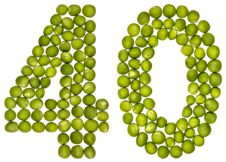 Arabic numeral 40, forty, from green peas, isolated on white backgroundの写真素材