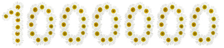 Arabic numeral 1000000, one million, from white flowers of chamomile, isolated on white backgroundの写真素材
