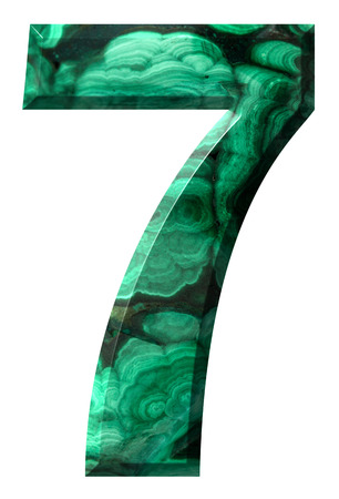 Arabic numeral 7, seven, from natural green malachite, isolated on white backgroundの写真素材
