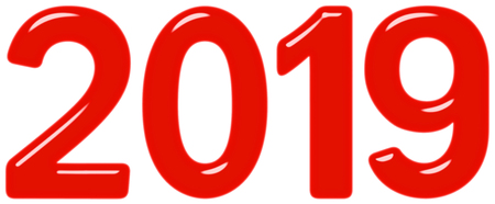 Inscription 2019 from red glass or plastic, isolated on white background, 3d render