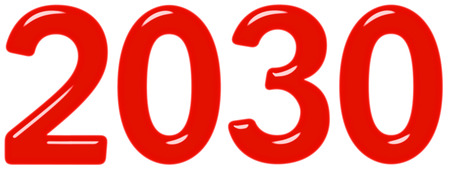 Inscription 2030 from red glass or plastic, isolated on white background, 3d renderの写真素材