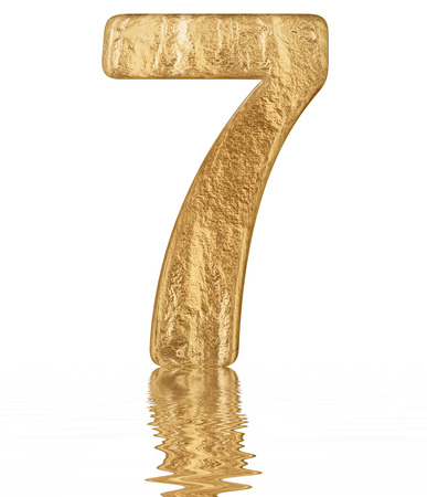 Numeral 7, seven, reflected on the water surface, isolated on  white, 3d render