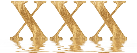 Roman numeral XXX, triginta, 30, thirty, reflected on the water surface, isolated on  white, 3d renderの写真素材