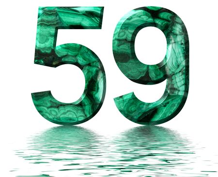 Arabic numeral 59, fifty nine, from natural green malachite, reflected on the water surface, isolated on white, 3d renderの写真素材
