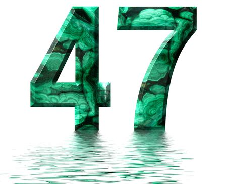 Arabic numeral 47, forty seven, from natural green malachite, reflected on the water surface, isolated on white, 3d renderの写真素材