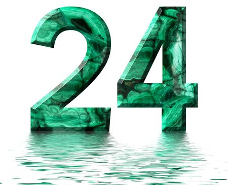Arabic numeral 24, twenty four, from natural green malachite, reflected on the water surface, isolated on white, 3d renderの写真素材
