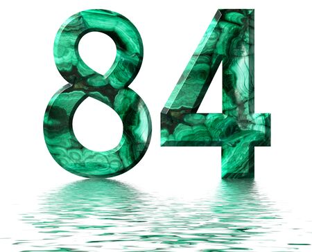 Arabic numeral 84, eighty four, from natural green malachite, reflected on the water surface, isolated on white, 3d renderの写真素材