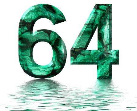 Arabic numeral 64, sixty four, from natural green malachite, reflected on the water surface, isolated on white, 3d renderの写真素材