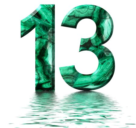 Arabic numeral 13, thirteen, from natural green malachite, reflected on the water surface, isolated on white, 3d renderの写真素材