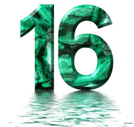 Arabic numeral 16, sixteen, from natural green malachite, reflected on the water surface, isolated on white, 3d renderの写真素材