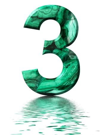 Arabic numeral 3, three, from natural green malachite, reflected on the water surface, isolated on white, 3d renderの写真素材