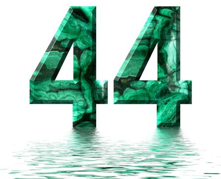 Arabic numeral 44, forty four, from natural green malachite, reflected on the water surface, isolated on white, 3d renderの写真素材