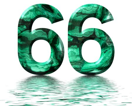 Arabic numeral 66, sixty six, from natural green malachite, reflected on the water surface, isolated on white, 3d renderの写真素材