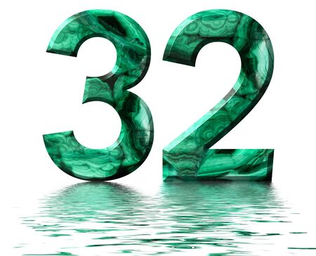 Arabic numeral 32, thirty two, from natural green malachite, reflected on the water surface, isolated on white, 3d renderの写真素材