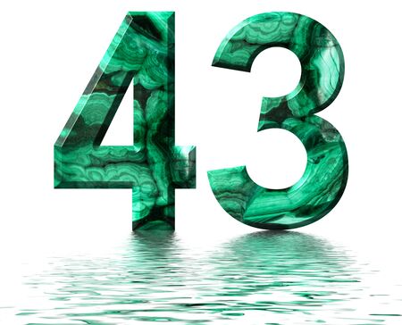 Arabic numeral 43, forty three, from natural green malachite, reflected on the water surface, isolated on white, 3d renderの写真素材