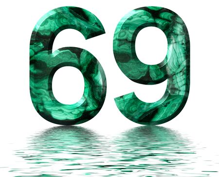 Arabic numeral 69, sixty nine, from natural green malachite, reflected on the water surface, isolated on white, 3d renderの写真素材
