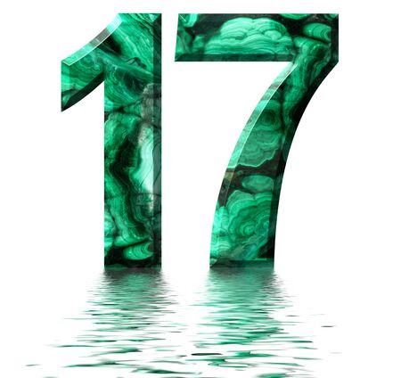 Arabic numeral 17, seventeen, from natural green malachite, reflected on the water surface, isolated on white, 3d renderの写真素材