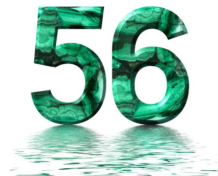 Arabic numeral 56, fifty six, from natural green malachite, reflected on the water surface, isolated on white, 3d renderの写真素材