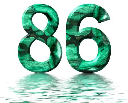 Arabic numeral 86, eighty six, from natural green malachite, reflected on the water surface, isolated on white, 3d renderの写真素材